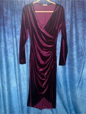 Plum Velvet Draped Wrap Midi Dress